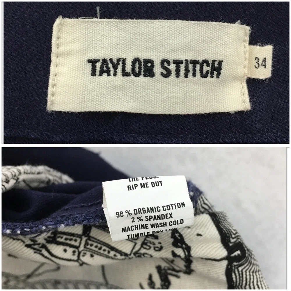Taylor Stitch Mens 34 Navy Blue Organic Cotton Spandex Chino Pants Slim Fit